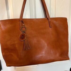 Jack Mason Brand Cognac Leather Shoulder Tote with Tassel